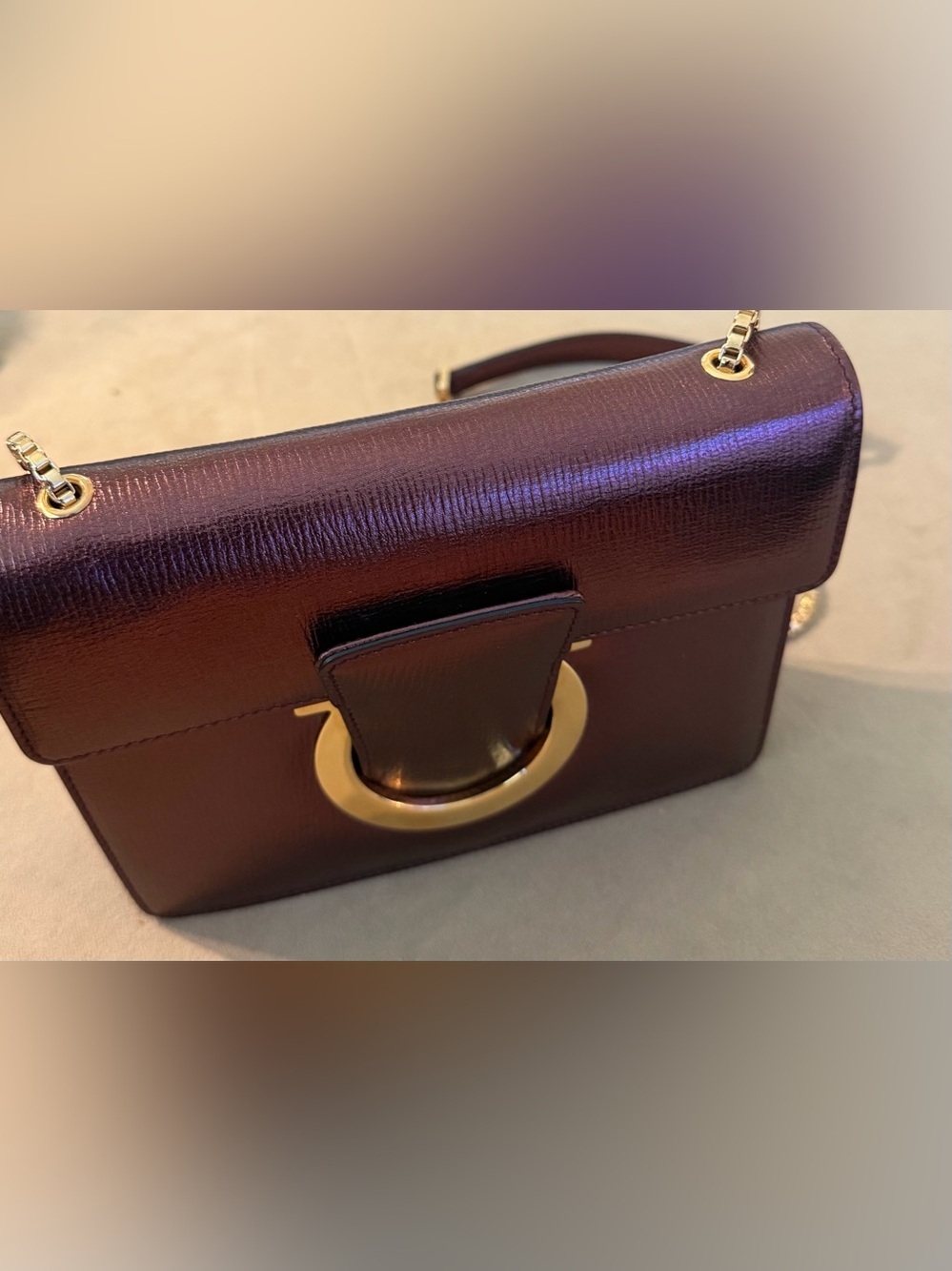 Elegant Metallic Burgundy Thalia Shoulder Bag with Gold Accent 8x6x2 - Picture 11 of 11